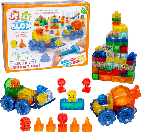 Jelly Blox Construction Site Set | Includes 75 Pieces | Toddler & Preschool Building Blocks Kids Can Squeeze, Stretch, Squish | MESH ACCREDITED | Safety Tested & Ouch-Free | Sensory Play Toy Ages 2+