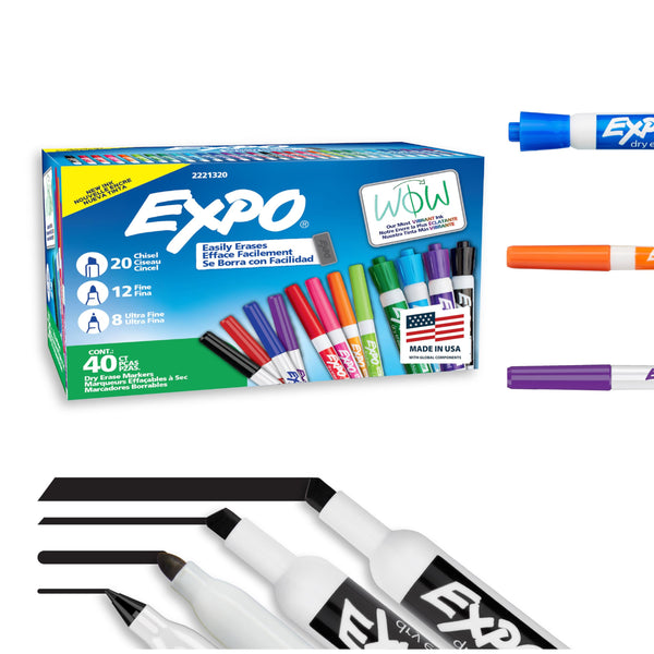 EXPO Dry Erase Markers Ultimate Pack, Chisel, Fine, Ultra Fine, Mixed Tips, Assorted Colors, 40 Count - Whiteboard, Essential Supplies for Office, School, Classroom, Teachers