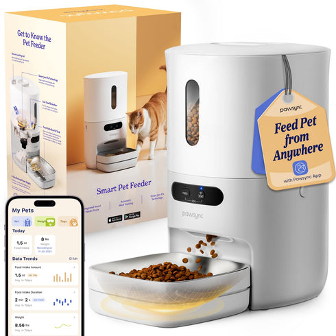 Pawsync Automatic Cat Feeder, WiFi Smart Scale Tracks Pet's Food Intake, App Control, 3.6L Timed Food Dispenser for Cats and Dogs, Up to 10 Meals Per Day, Stainless Steel Bowl, Dual Power Supply