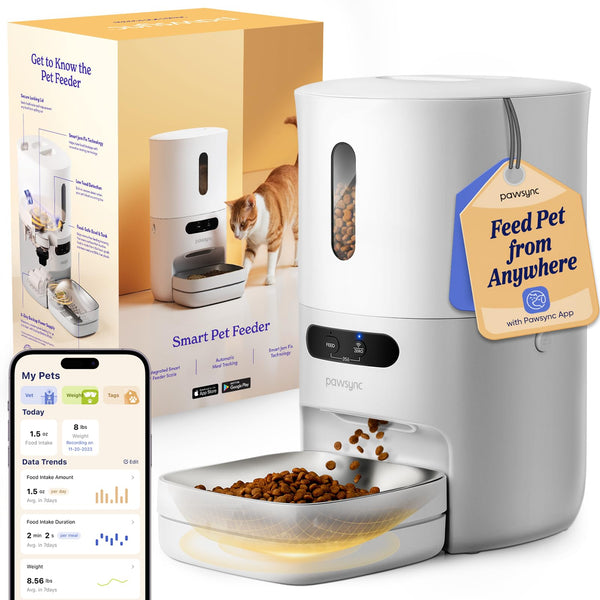 Pawsync Automatic Cat Feeder, WiFi Smart Scale Tracks Pet's Food Intake, App Control, 3.6L Timed Food Dispenser for Cats and Dogs, Up to 10 Meals Per Day, Stainless Steel Bowl, Dual Power Supply