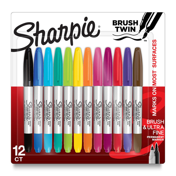 Sharpie Brush Twin Permanent Markers Brush Tip Marker and Ultra Fine Tip Marker Assorted 12 Count