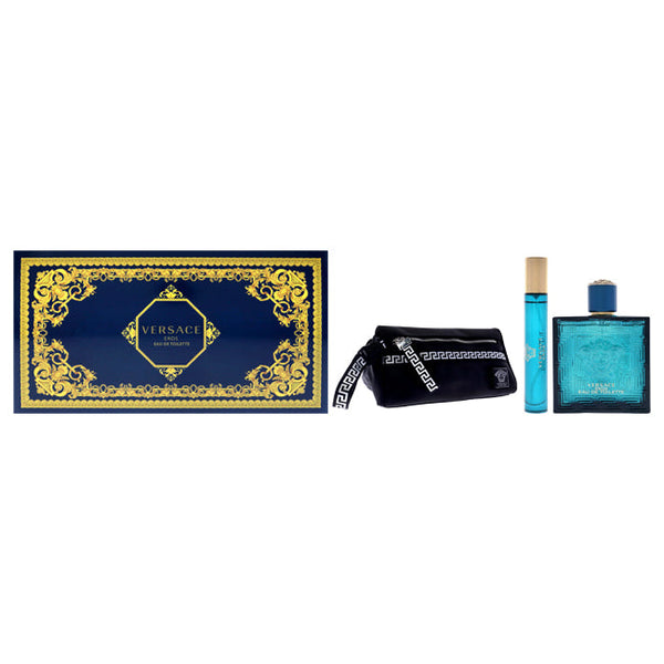 Wholesale Versace Eros by Versace for Men - 3 Pc Gift Set 3.4oz EDT Spray, 10ml EDT Spray, Blue Trousse