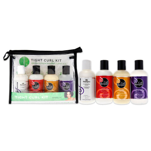 Wholesale Tight Curl Kit by Curl Keeper for Unisex - 4 Pc Set 3.4oz Silk Shampoo Rich Moisturizing Cleanser, 3.4oz Leave-In Conditioner Softens Rough Dry Hair, 3.4oz Styling Cream Tames Textured Hair, 3.4oz Original Liquid Styler Frizz-Free Curls