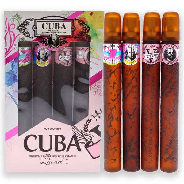 Wholesale Cuba Quad I by Cuba for Women - 4 Pc Gift Set 1.17oz Cuba Heartbreak EDP Spray, 1.17oz Cuba La Vida EDP Spray, 1.17oz Cuba Victory EDP Spray, 1.17oz Cuba VIP EDP Spray