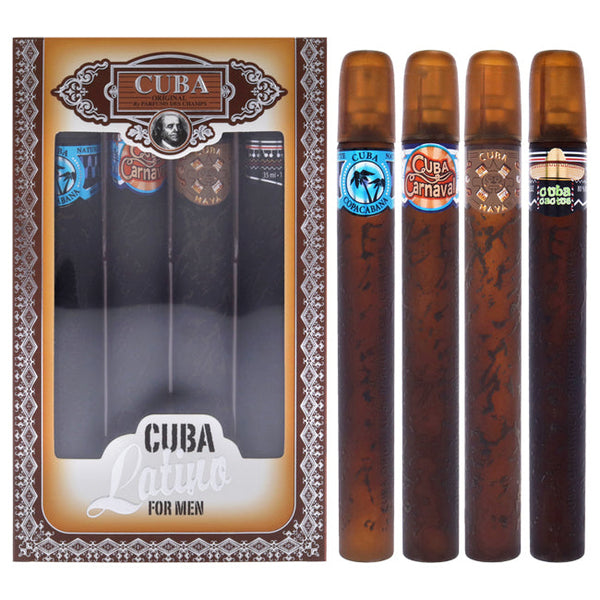 Wholesale Cuba Latino Collection by Cuba for Men - 4 Pc Gift Set 1.17oz Cuba Copacabana EDT Spray, 1.17oz Cuba Maya EDT Spray, 1.17oz Cuba Carnaval EDT Spray, 1.17oz Cuba Cactus EDT Spray