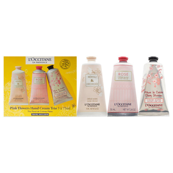 Wholesale Pink Flowers Hand Cream Trio by LOccitane for Unisex - 3 x 2.6 oz Neroli and Orchidee Hand Cream, Rose Hand Cream, Cherry Blossom Hand Cream