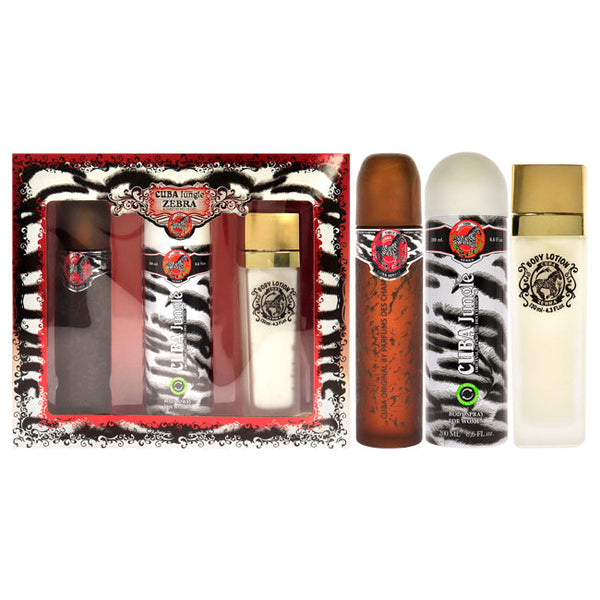 Wholesale Cuba Jungle Zebra by Cuba for Women - 3 Pc Gift Set 3.3oz EDP Spray, 6.7oz Deodorant Body Spray, 4.3oz Body Lotion
